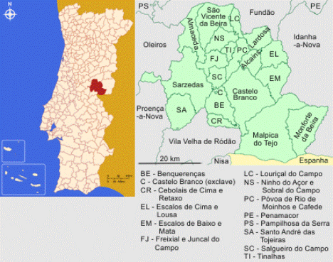 Mapa da localização e freguesias do Concelho de Castelo Branco