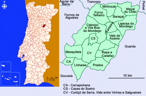 Mapa da localização e freguesias do Concelho de Celorico da Beira