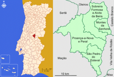 Mapa da localização e freguesias do Concelho de Proença-a-Nova
